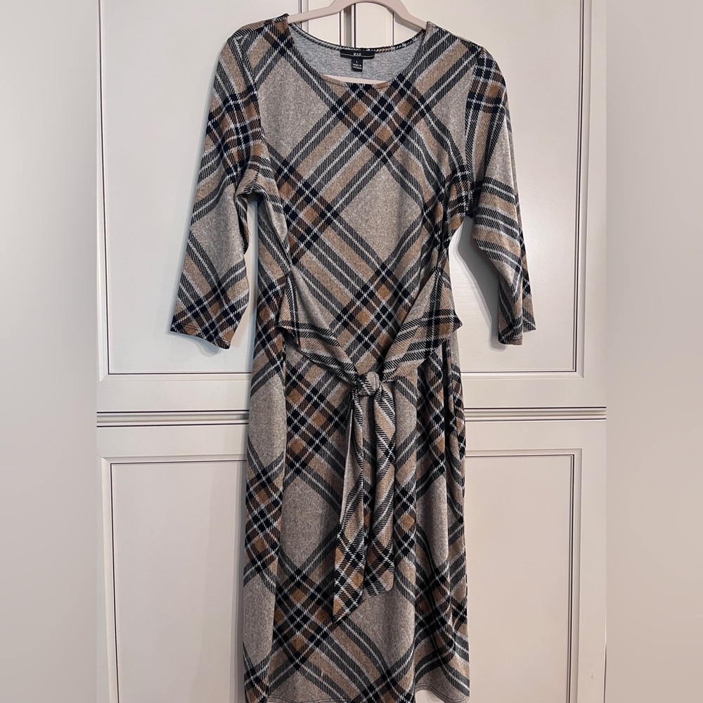 R&K Gray and Brown Plaid Long Sleeve Dress